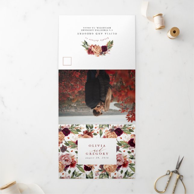 Fall Flowers Elegant Modern Botanical Wedding Tri-Fold Invitation (Outside)