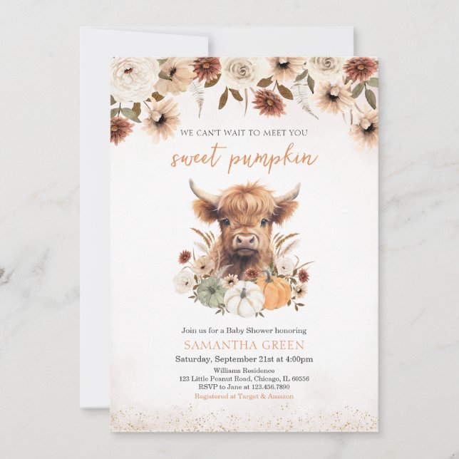 Fall Flowers Highland Cow Baby Shower Invitation (Front)