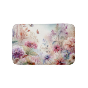 Fall flowers in pastel colours watercolor painting bath mat