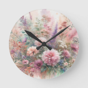 Fall flowers in pastel colours watercolor painting round clock