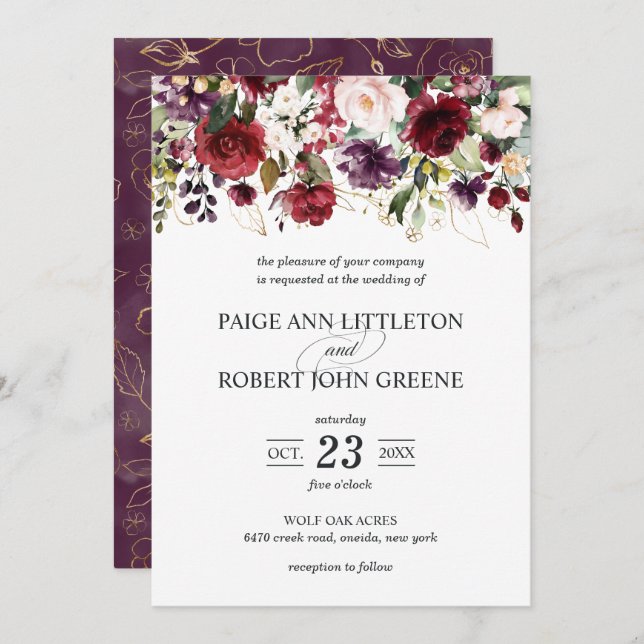 Fall Flowers in Red, Purple and Blush Wedding Invitation (Front/Back)