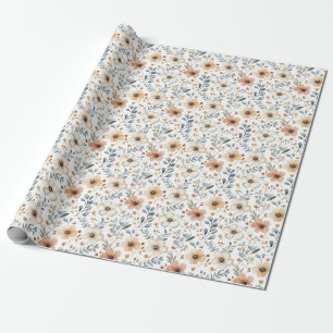 Fall Flowers & Leaves on White Wrapping Paper