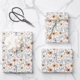 Fall Flowers & Leaves on White Wrapping Paper Sheet