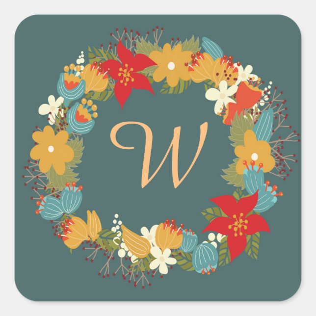 Fall Flowers Monogram Square Stickers, Glossy Sticker (Front)