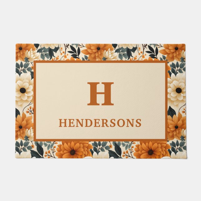 Fall Flowers Monogrammed Family Name Welcome Doormat (Front)