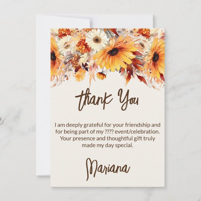 Fall Flowers on Beige Party Thank You Card (Front)