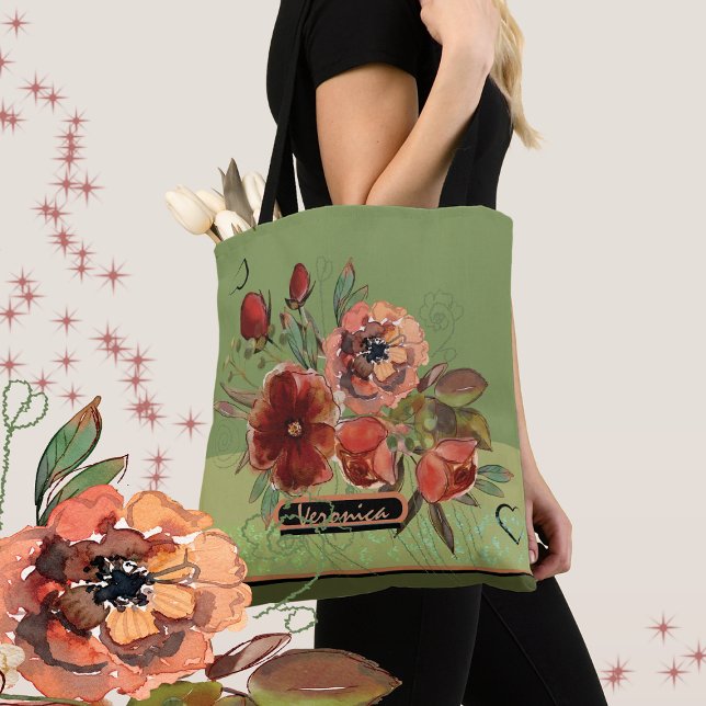 Fall flowers on green background  tote bag (Fall floral green Tote bag )