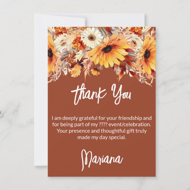Fall Flowers on Terracotta Party Thank You Card (Front)