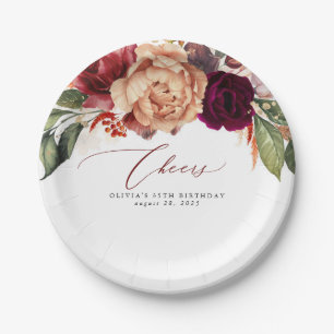 Fall Flowers Orange and Burgundy Red Cheers Paper Plate