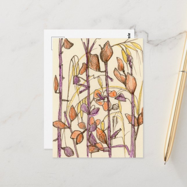 Fall Flowers Plants Autumn Colours Ink Drawing Art Postcard (Front/Back In Situ)