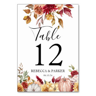 Fall flowers pumpkins personalised Wedding Table Number