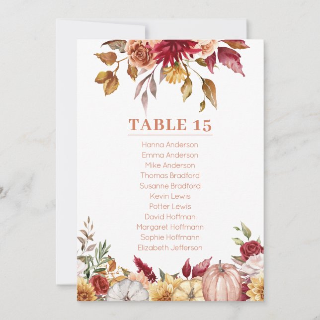Fall Flowers Pumpkins Table Card Seating Chart (Front)