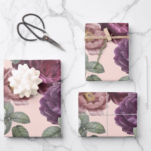 Fall Flowers Purple Botanical Floral Wrapping Wrap Wrapping Paper Sheet (Front)