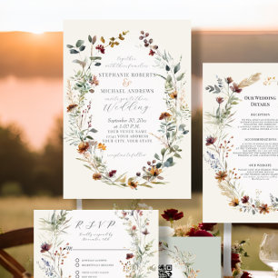 Fall Flowers Rustic Boho Wreath Floral Wedding Invitation