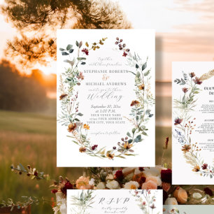 Fall Flowers Rustic Boho Wreath Floral Wedding Invitation