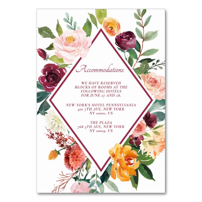 Fall Flowers Rustic Wine Red Accommodation Cards (Front)