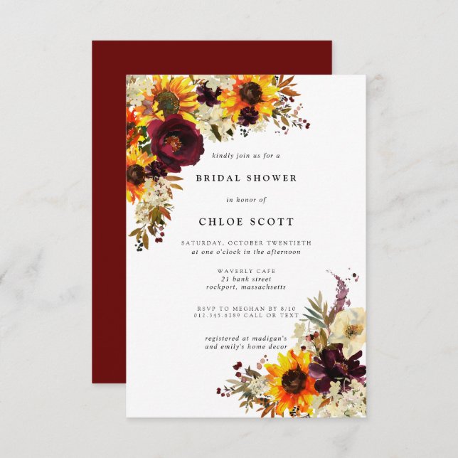 Fall Flowers Sunflower Rose Bridal Shower Invitati Invitation (Front/Back)