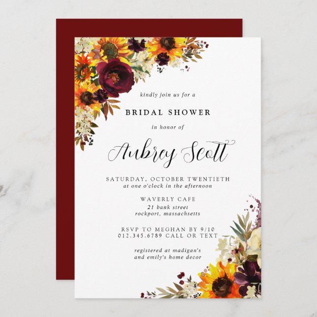 Fall Flowers Sunflower Rose Bridal Shower Invitation (Front/Back)