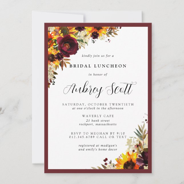 Fall Flowers Sunflower Rose Bridal Shower Luncheon Invitation (Front)