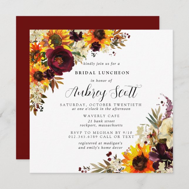 Fall Flowers Sunflower Rose Bridal Shower Luncheon Invitation (Front/Back)