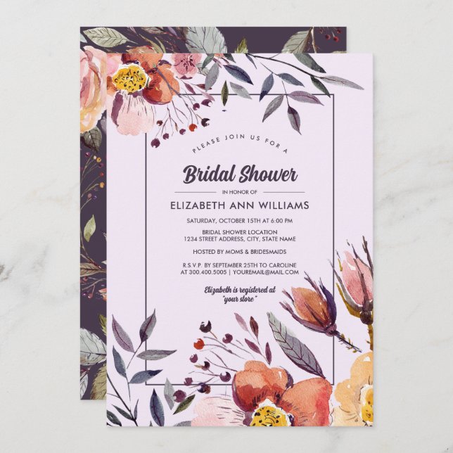 Fall Flowers Watercolor Plum Bridal Shower Invitation (Front/Back)