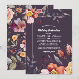 Fall Flowers Watercolor Plum Wedding Invitation