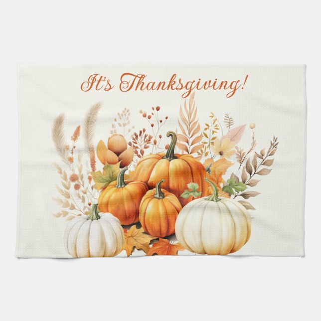 Fall Flowers White Pumpkin Thanksgiving Tea Towel (Horizontal)