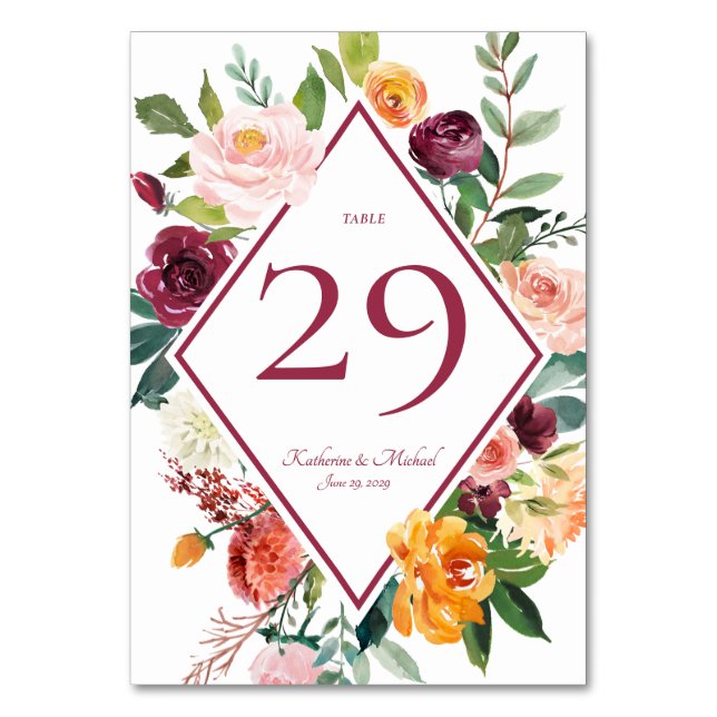 Fall Flowers Wine Red Rustic Table Numbers (Front)