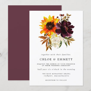 Fall Flowers Yellow Sunflower Purple Peony Wedding Invitation