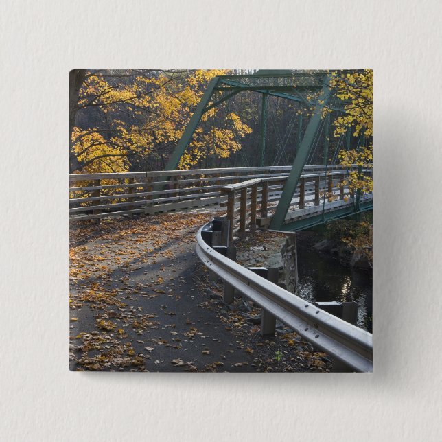 Fall foliage and a bridge over the Millers 15 Cm Square Badge (Front)