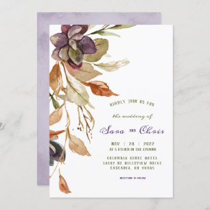 Fall Foliage and Succulent Purple Watercolor Invitation