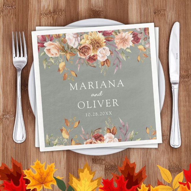 Fall Foliage Autumn Colours Sage Green Wedding Napkin (Creator Uploaded)