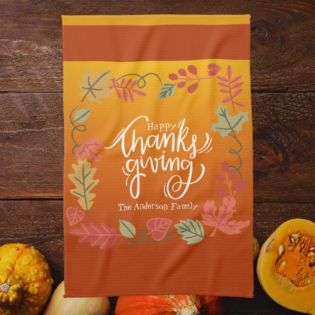 Fall Foliage Autumn Cosy Rustic Happy Thanksgiving Tea Towel (Creator Uploaded)