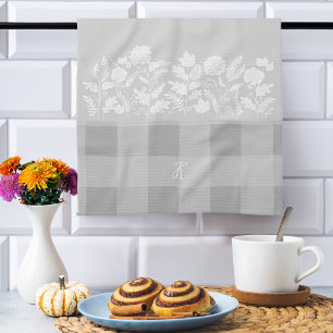 Fall Foliage Autumn Flowers & Foliage Grey Plaid Tea Towel