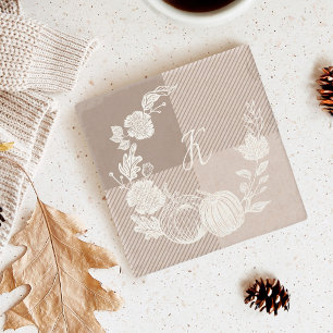 Fall Foliage Autumn Flowers & Pumpkins Taupe Plaid Stone Coaster