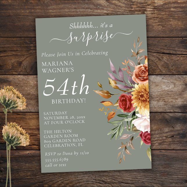 Fall Foliage Autumn Sage Green Surprise Birthday Invitation (Creator Uploaded)