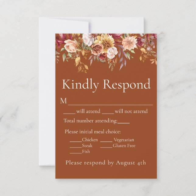 Fall Foliage Floral Terracotta Wedding RSVP (Front)