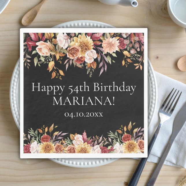 Fall Foliage Flowers Black Birthday Party Napkin (Creator Uploaded)