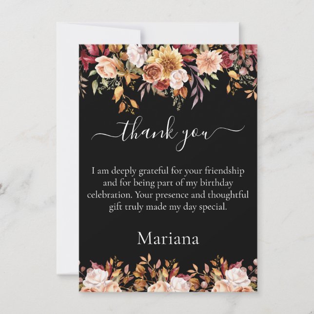 Fall Foliage Flowers Black Thank You Card (Front)