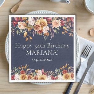 Fall Foliage Flowers Navy Blue Birthday Party Napkin