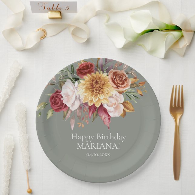 Fall Foliage Flowers Sage Green Birthday Party Paper Plate (Wedding)