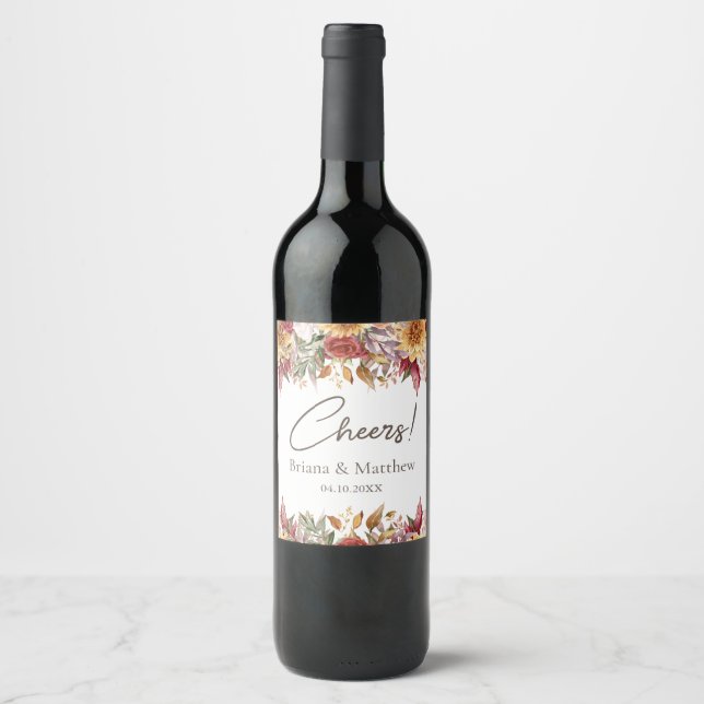 Fall Foliage Flowers White Wedding Wine Label (Front)
