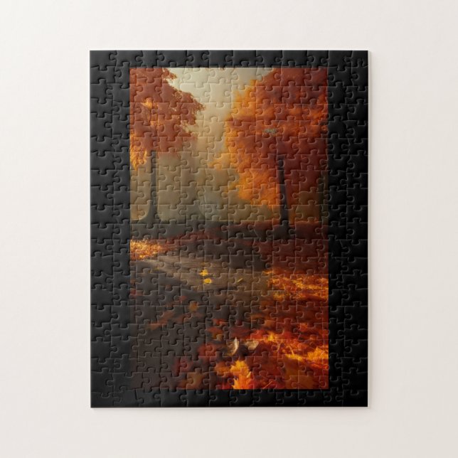 Fall foliage orange golden leaves lane through  jigsaw puzzle (Vertical)