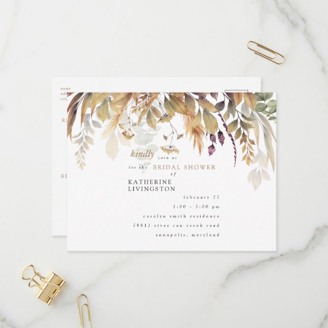 Fall Foliage Rustic Bridal Shower  Invitation Postcard (Front/Back In Situ)