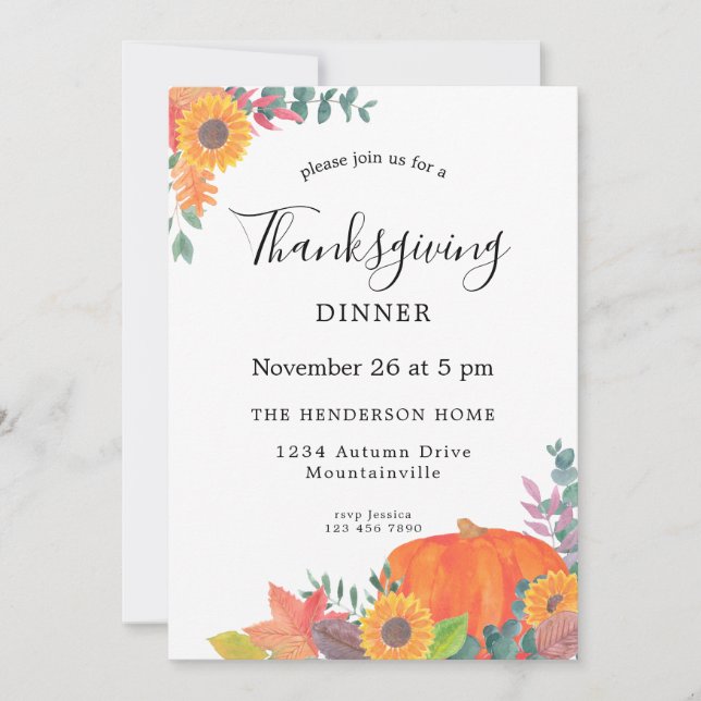 Fall Foliage Sunflower Pumpkin Thanksgiving Invitation (Front)