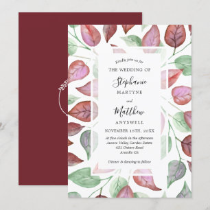 Fall Foliage Watercolor Burgundy Leaves Wedding Invitation