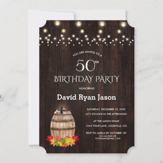 Fall Foliage Wine Barrel Vineyard 50th Birthday Invitation (Front)