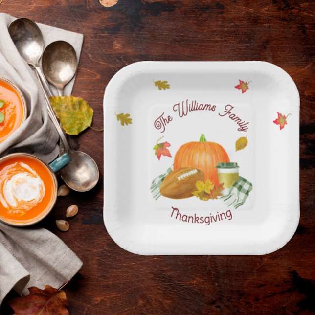 Fall Football Pumpkin Latte Watercolor Paper Plate (Creator Uploaded)
