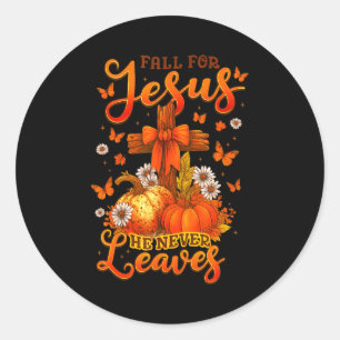 Fall For Jesus He Never Leaves Cross Faith Pumpkin Classic Round Sticker