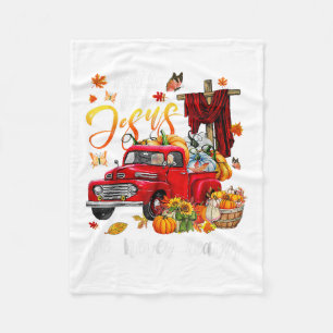 Fall For Jesus He Never Leaves Pumpkin Truck Thank Fleece Blanket
